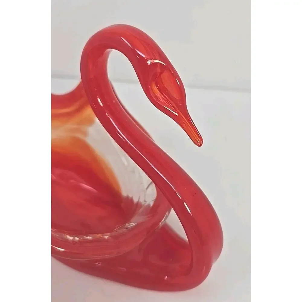 Vintage Large Glass Swan Candy Dish Orange Swirl Hand‎ Blown MSC1